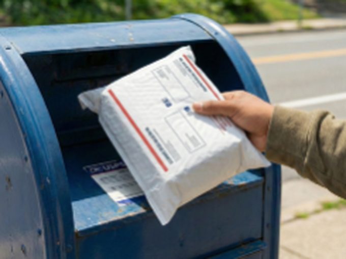 Prepaid return envelope being dropped into a mailbox