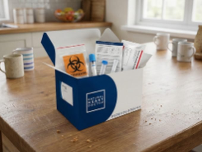 Natural Heart Doctor test kit opened on a kitchen table