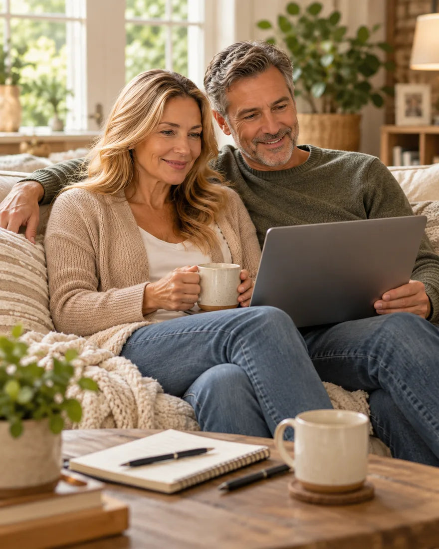 Couple on the couch watching the masterclass together on a laptop with coffee and a notebook